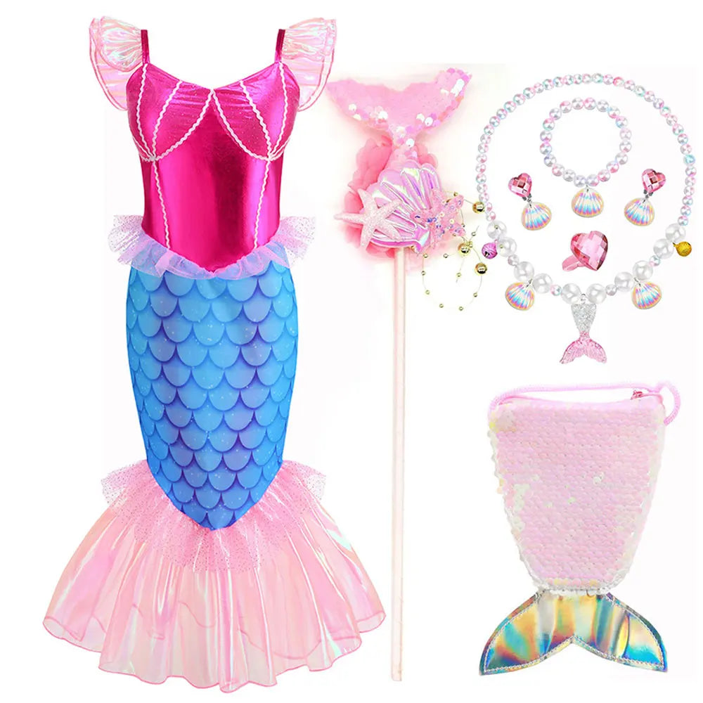 Disney Blue Red Purple Three Colors Mermaid Flying Sleeve Fishtail Beautiful Dress For Girl Summer Beach Party Cool Swimsuit Set - Sun Studio