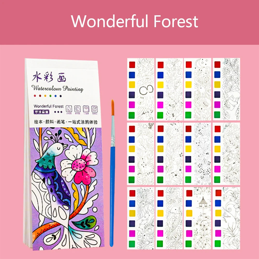 12 Sheets/set Watercolor Painting Book With Paint Brush Gouache Book Portable Kids Graffiti Picture Drawing Stationery - Sun Studio