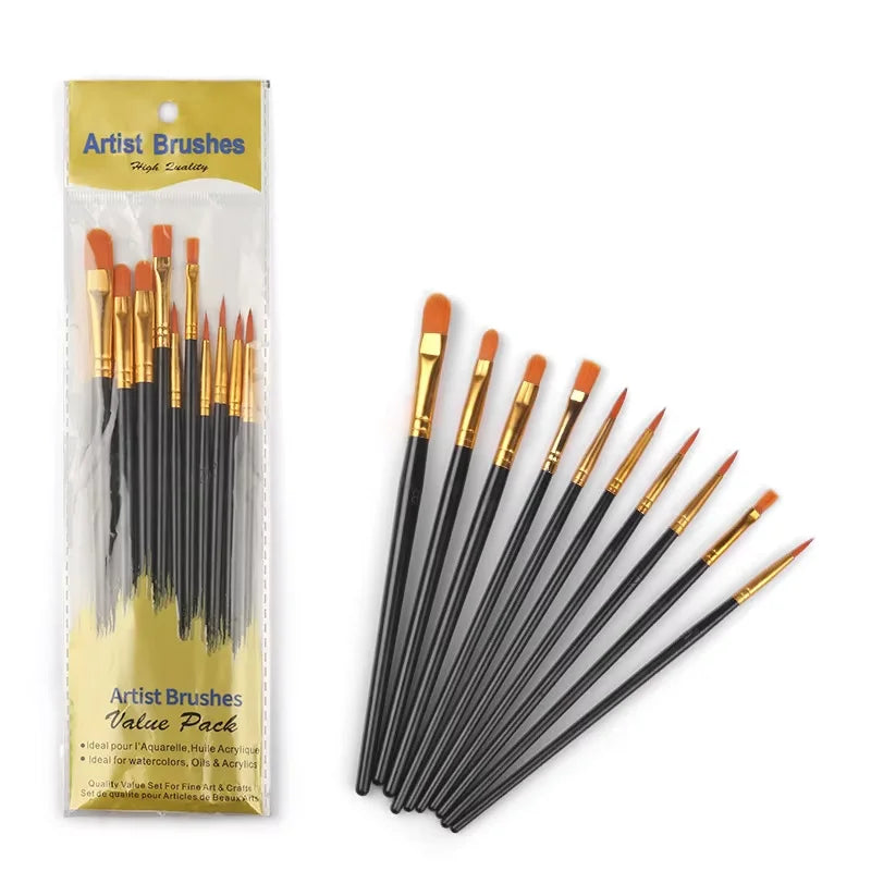 10-Piece Artist Paint Brush Set - Nylon Bristle Brushes for Watercolor/Acrylic/Oil Painting (Value Pack) - Sun Studio