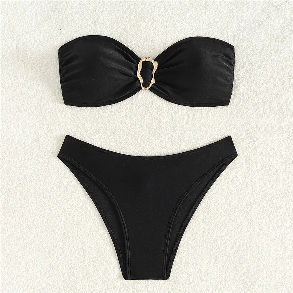 Black Bandeau Bikinis Sets Micro Thong Metal Ring Sexy Swimsuit Women 2026 New Back Knotted Swimwear Bathing Suit Bikini Damen - Sun Studio