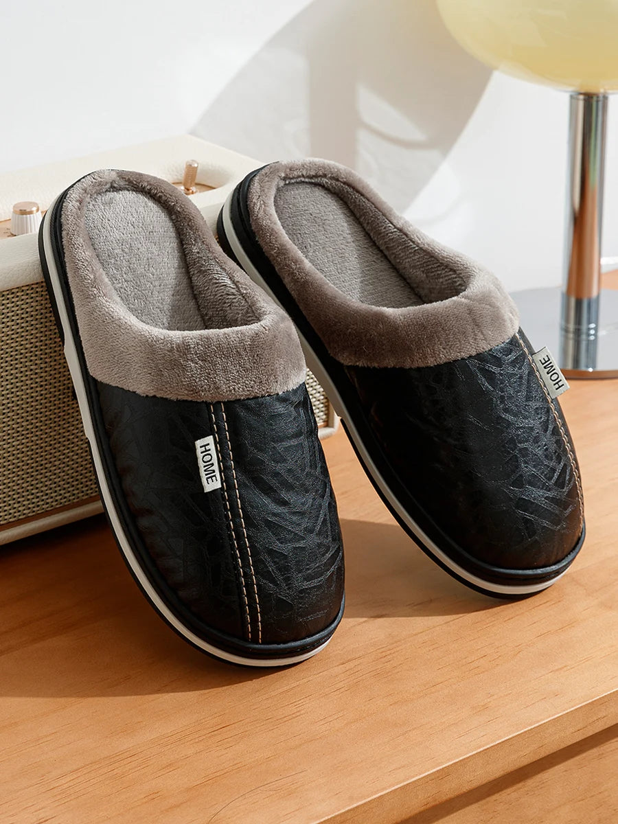 PU Leather Big Sizes Men slippers Indoor Waterproof Fur Flat Men's Winter Home Slipper Cotton Bedroom Houseshoes - Sun Studio