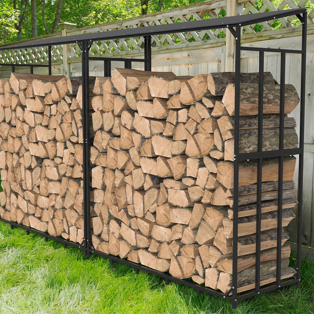 70" Outdoor Metal Log Store Stack Holder Wood Firewood Rack Garden Storage Shed with Waterproof Roof - Sun Studio