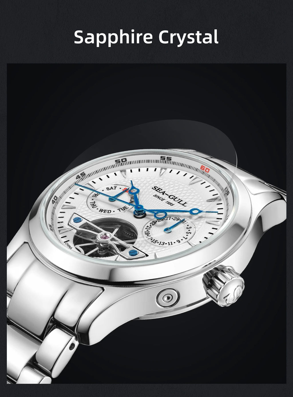 Sea-Gull Mechanical Men's Watch Hollow Flywheel Automatic Watch Multifunction 316L Stainless Steel Calendar Brand Watches M160S - Sun Studio