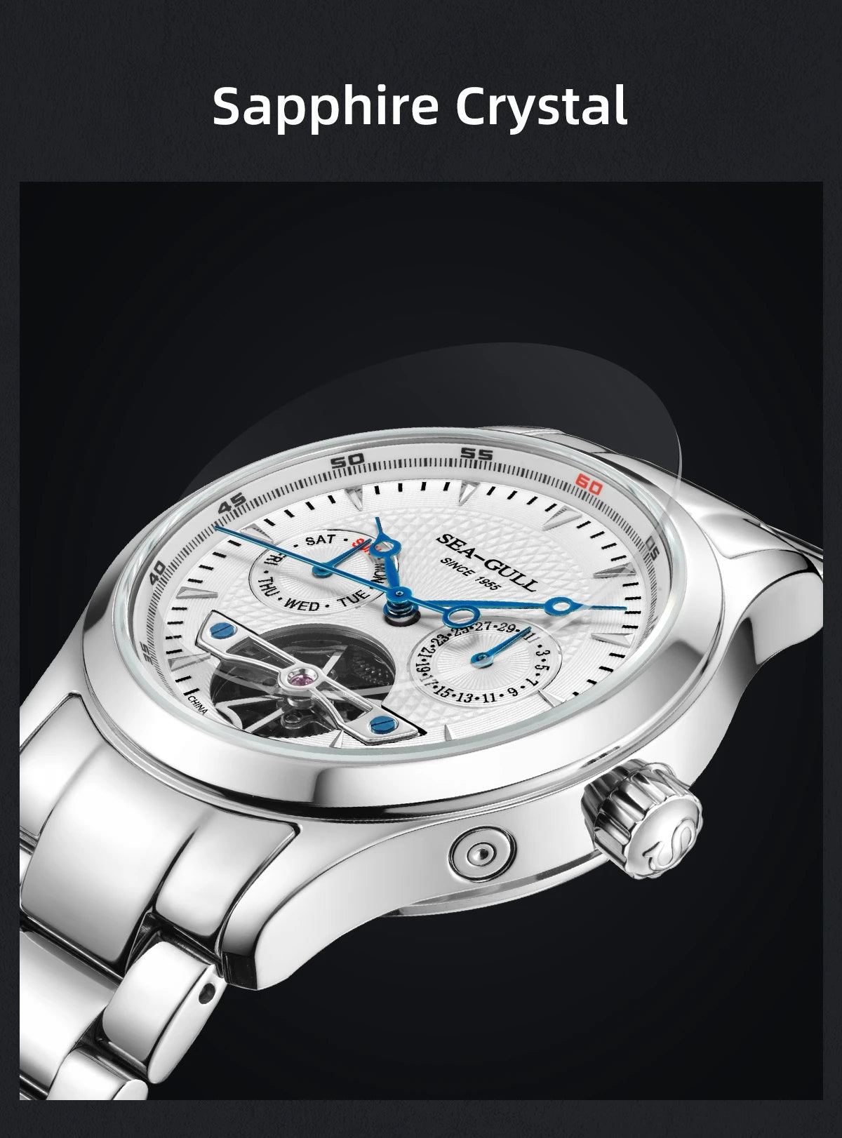 Sea-Gull Mechanical Men's Watch Hollow Flywheel Automatic Watch Multifunction 316L Stainless Steel Calendar Brand Watches M160S - Sun Studio