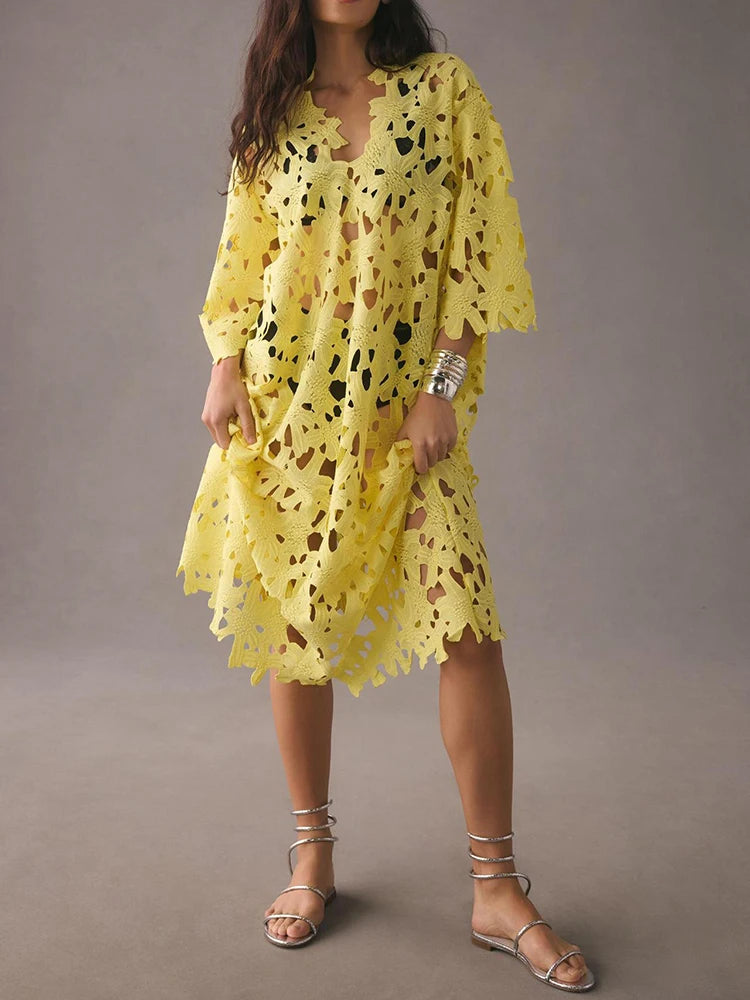 High Quality Sexy Women Bathing Suit Cover Up Hollow Out Patchwork Femme Solid Beach Dress V Neck Loose See Through Swimsuit Top - Sun Studio