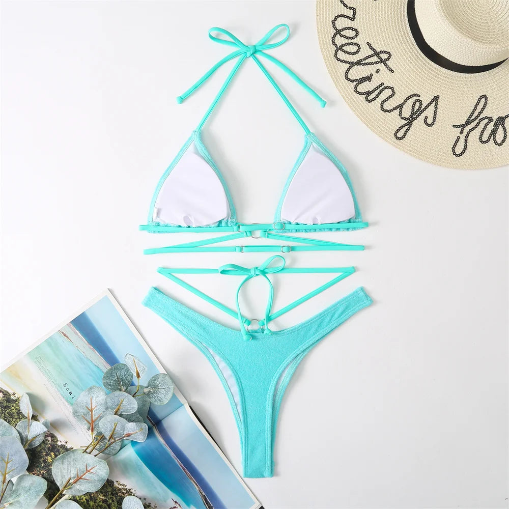 Micro String Extrem Bikini Orange Y2K Triangle Backless Swimsuit Toweling Rings Vacation Swimwear Women Push Up Beach Bath Suits - Sun Studio