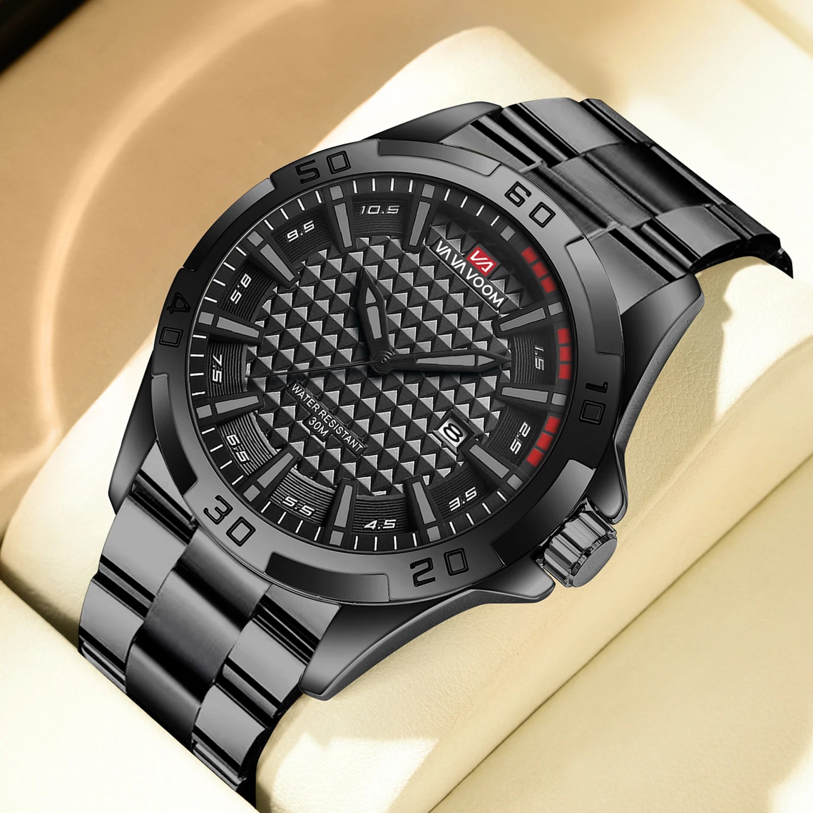 VA VA VOOM Mens Casual Sport Military Quartz Calendar Watches for Man Business Stainless Steel Waterproof Clock Relogio Masculin - Sun Studio