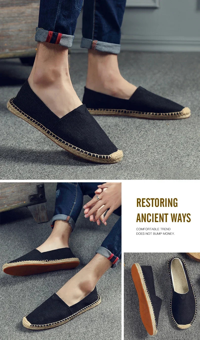 Women Sewing Flax Shoes Slip on Loafers Casual Shoes Man Espadrilles Hemp Canvas Flat Shoes Plus Size Fisherman Driving Footwear - Sun Studio