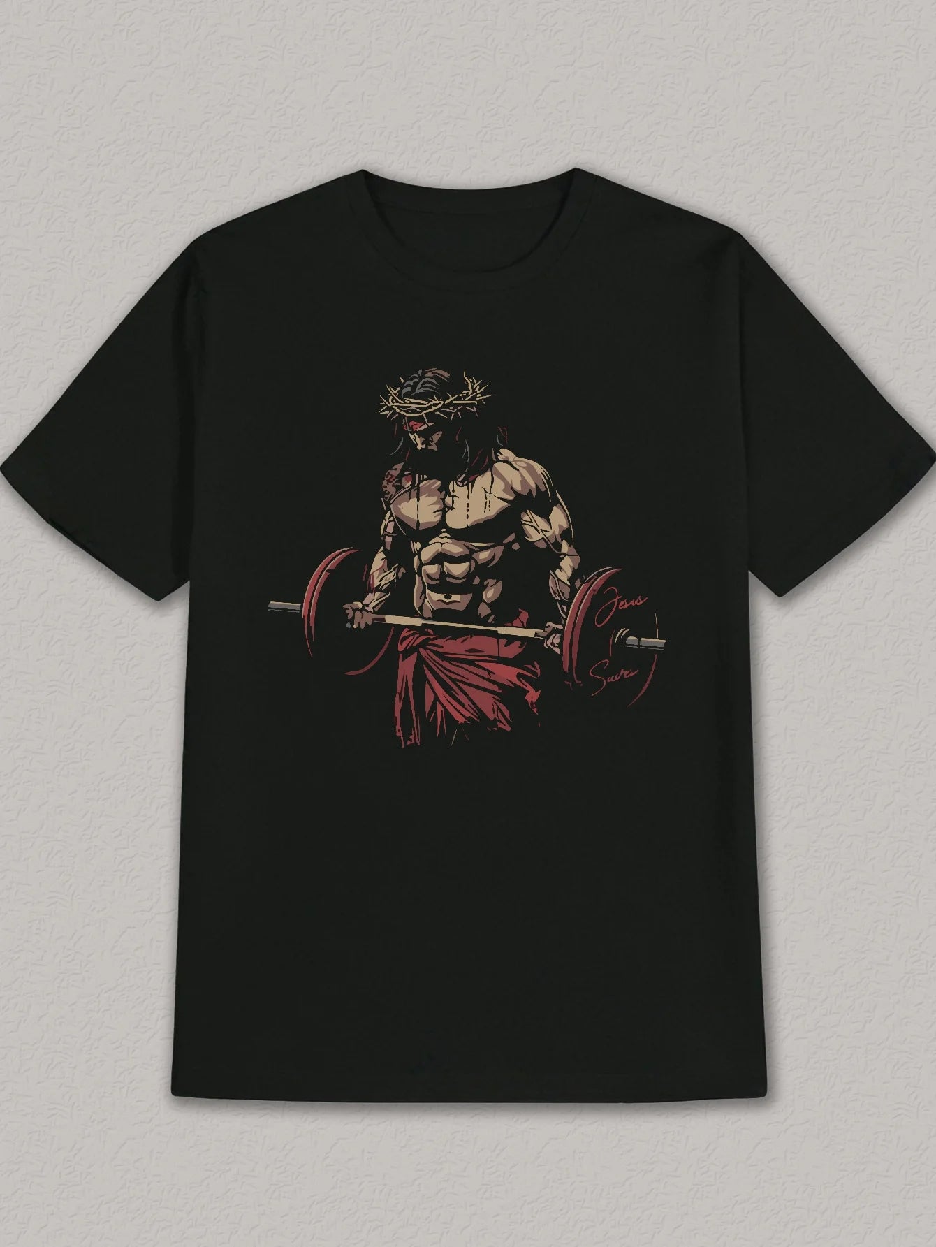 Black Fitness Coach Jesus Christ Weightlifting Art Print Regular Style Fitness & Daily Wear, Fitness Shirt, Artistic Sportswear - Sun Studio