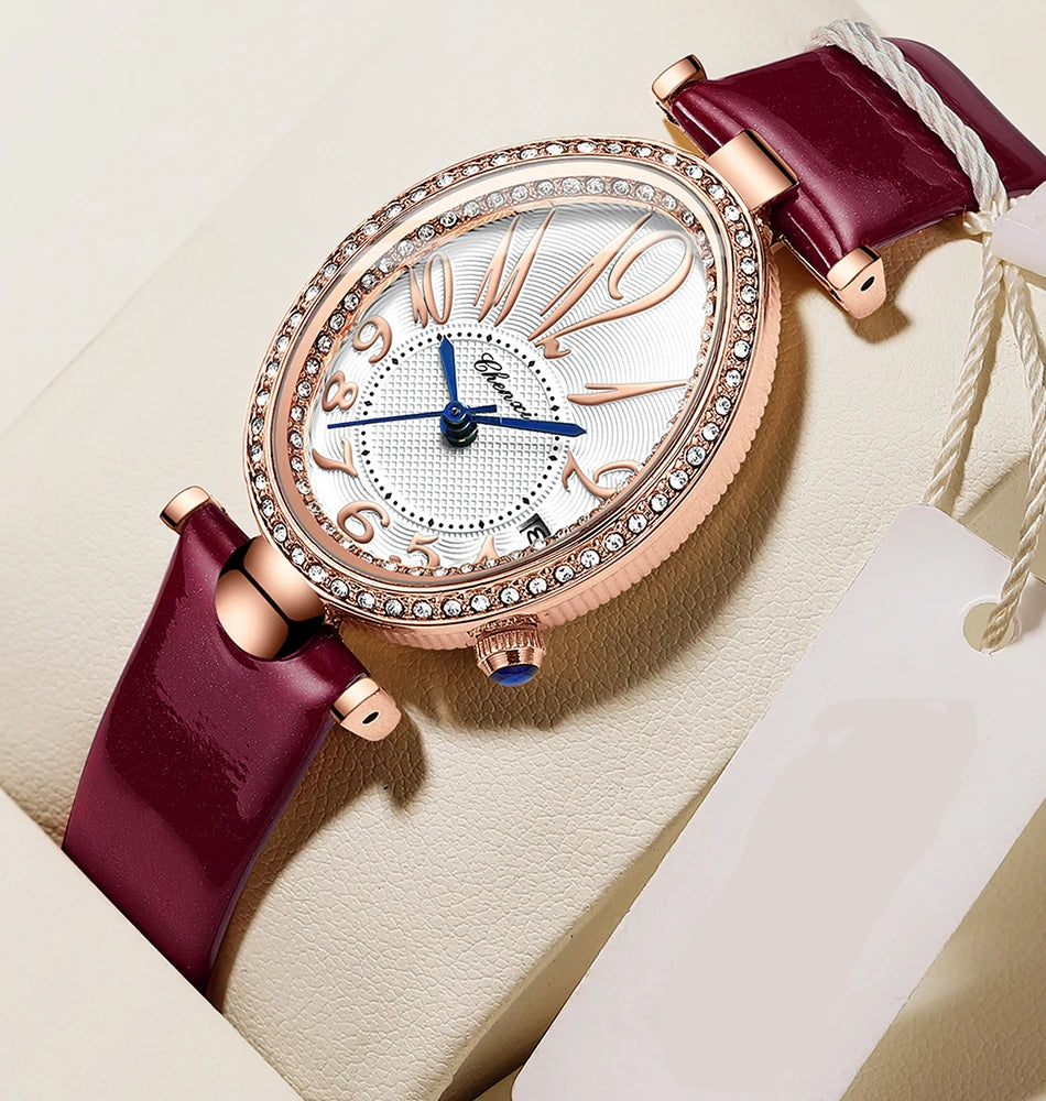 Luxury Watch For Women Diamond Waterproof Quartz Ladies Watches Fashion Elegant Oval Calendar Wristwatche Leather Strap - Sun Studio