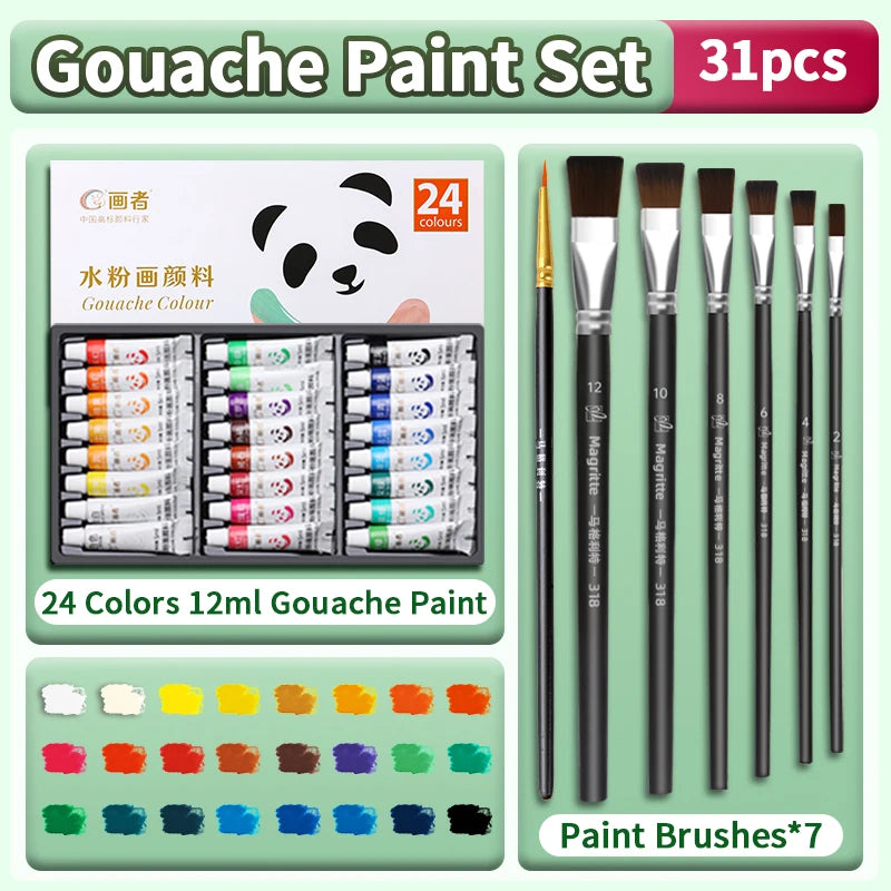 Gouache Paint Set, 12/18/24 Colors, 7 Paint Brushes, Suitable for Back to School, Art Supplies for Adults, 5ml/0.17oz Tubes - Sun Studio