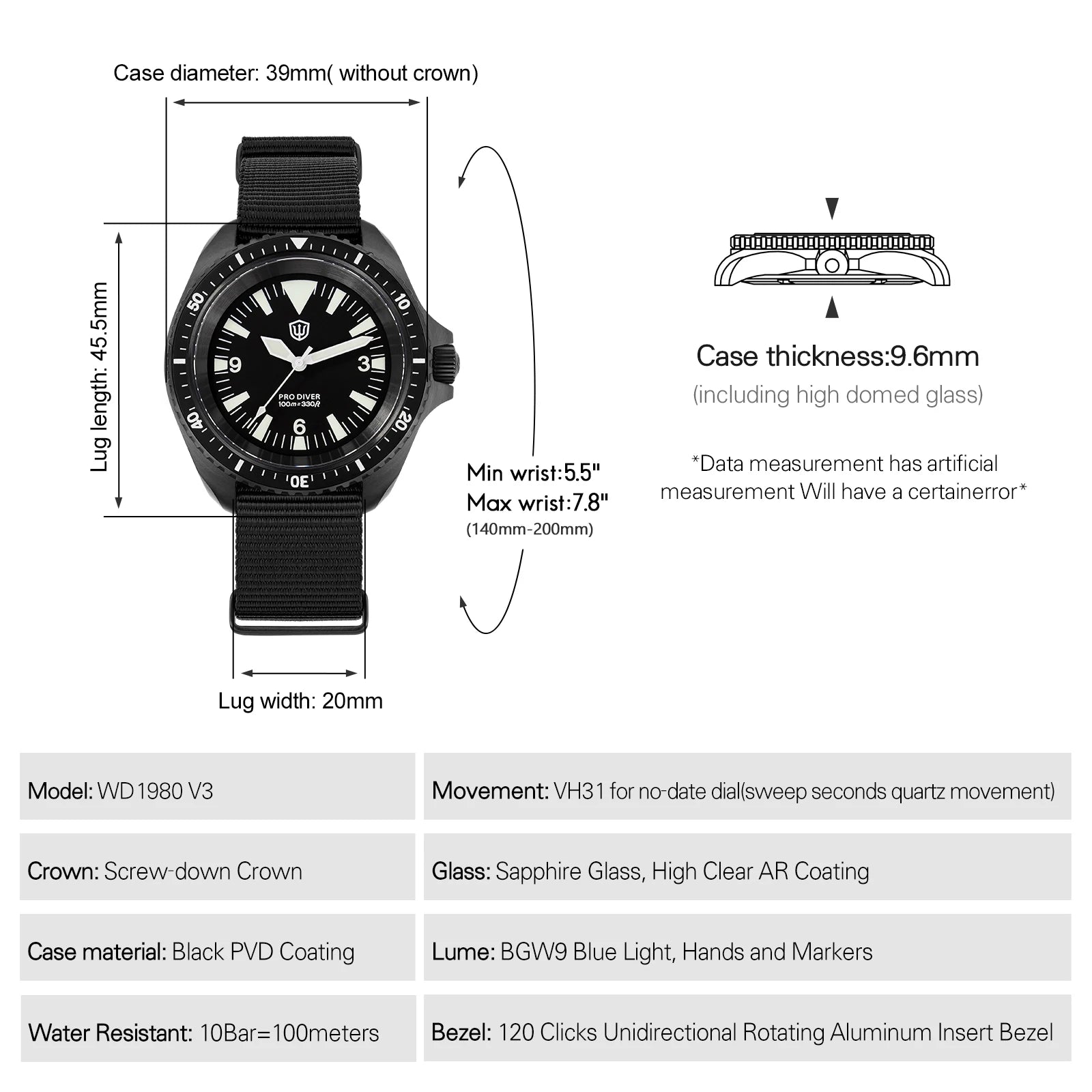 Watchdives WD1980 V3 Luxury Watch VH31 Scanning Quartz Movement AR Coating Sapphire Glass 10Bar Waterproof Men's Watches - Sun Studio