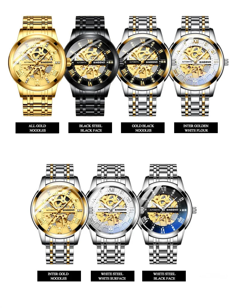 Bindond Mens Automatic Mechanical Watches Top Brand Luxury Stainless Steel Waterproof Hollow Male Wristwatches Relogio Masculino - Sun Studio