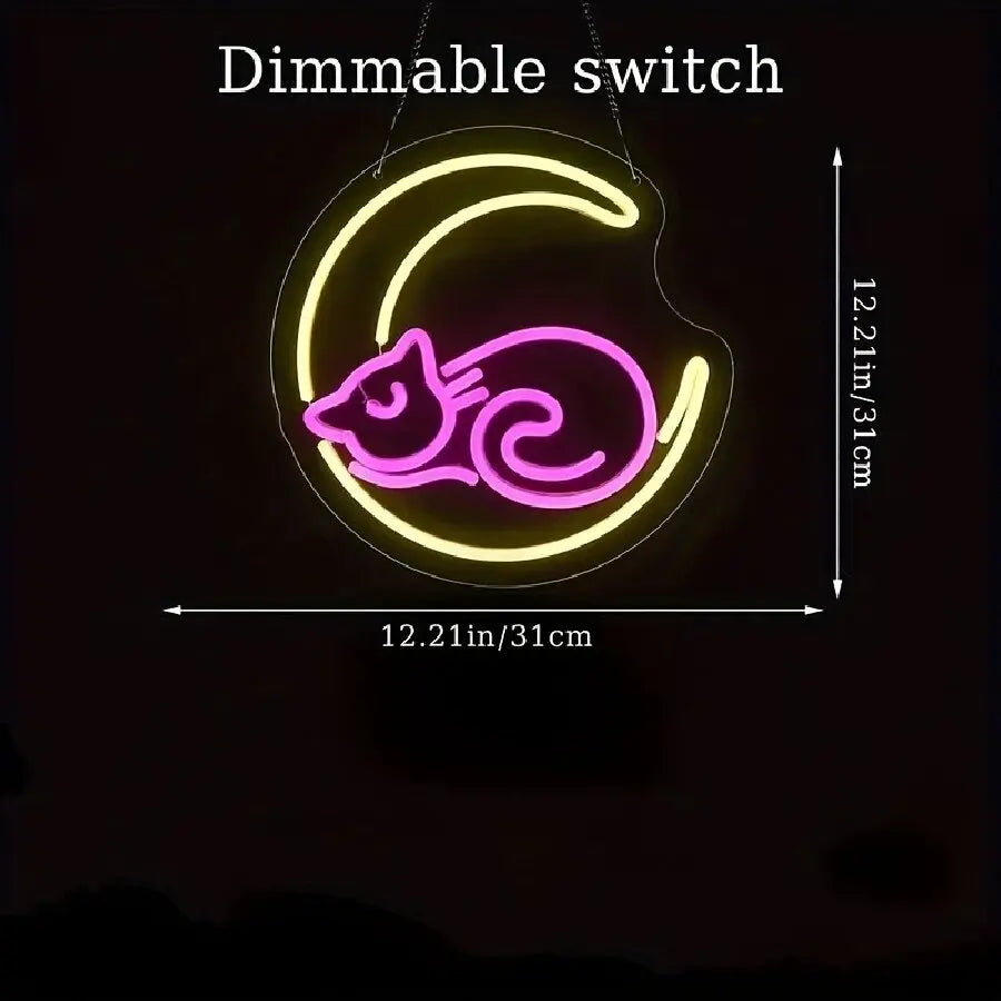 Anime Cat & Moon Neon Sign for Wall Art Arcade Decor, LED Night Lights Home Decor for Game Room Sign,Bedroom, Living Room, Bars - Sun Studio
