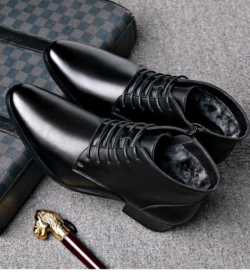 Men's Boots Fashion High-top Casual Boot Pointed Tip Business Leather Boots for Men Plush Warm Winter Boots Lace Up Ankle Botas - Sun Studio