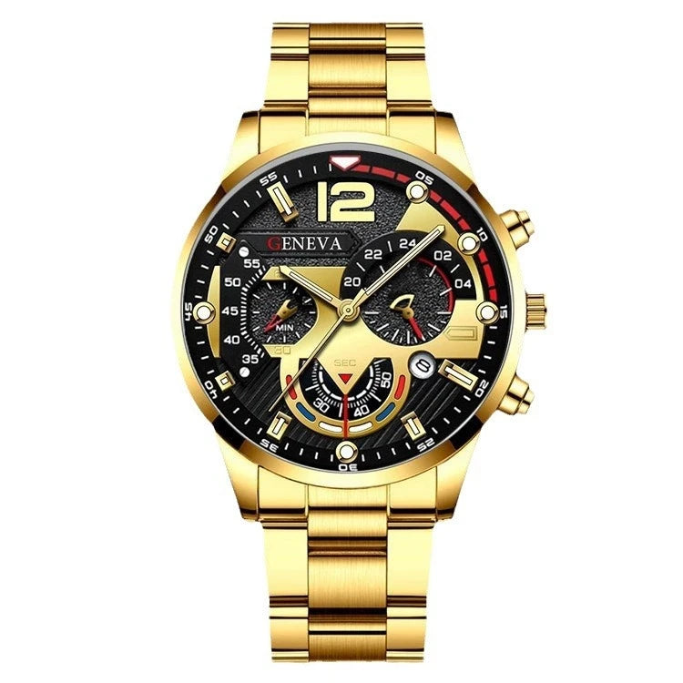 4PCS/Set Fashion Men's Watch Casual Gold Steel Band Analog Male Quartz Watches Jewelry Set（Without Box） - Sun Studio