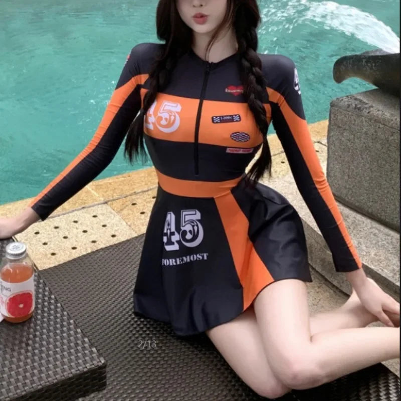 Racing Style Swimsuit Sexy Short Skirt Sweet Cool Spicy Girl Long Sleeved Conservative Belly Covering Surfing Vacation Swimwear - Sun Studio
