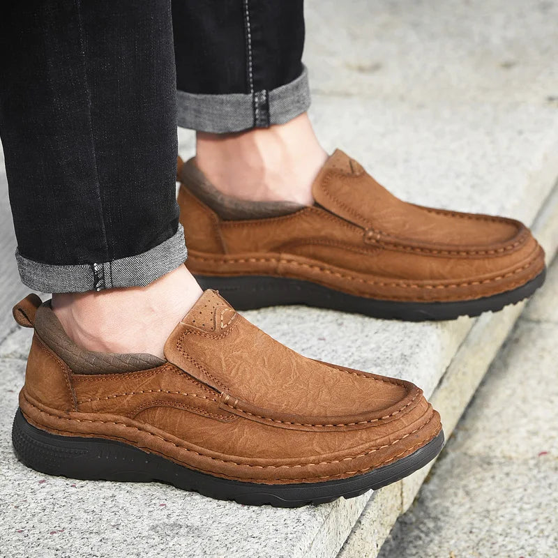 Genuine Leather Mens Loafers Anti-slip Rubber Man Casual Shoes Vintage Style Walk Shoes Slip-On Hiking Footwear Luxury Moccasins - Sun Studio