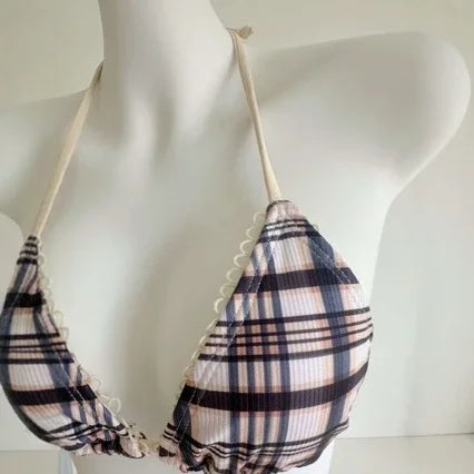 Low-Waist Plaid Bikini with Drawstring Strap Thermal Spring Swimsuit Women's Fashionable Vintage Lace Detailing By-Jane - Sun Studio