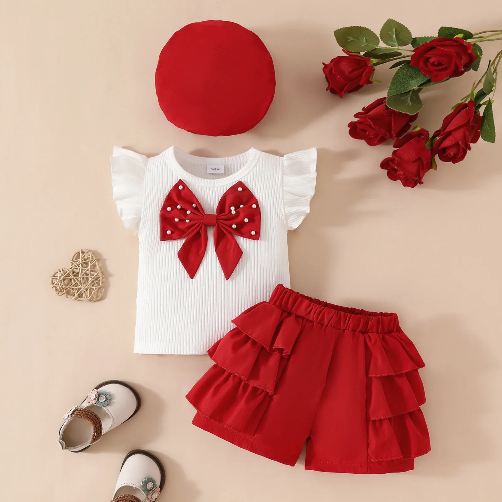 Baby Girls Clothes New Year Set 0-3Y Long Sleeve Big Bow Top Irregular Skirt and Beret 3Pcs Toddler Christmas Clothes - Sun Studio