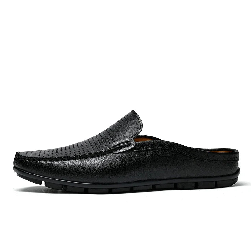 Half Shoes for Men Summer Mens Mules Perforated Leather Slippers Casual Slip-ons Loafers Flats Black Brown - Sun Studio