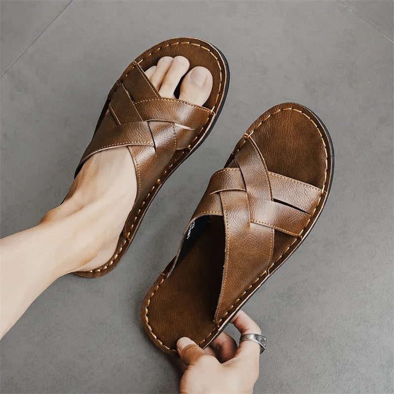 Handmade Leather Slippers for Men 2025 New Beach Summer Walking Shoes Slip on Light Male Flats Men Flip-flops Outdoor Half Drag - Sun Studio