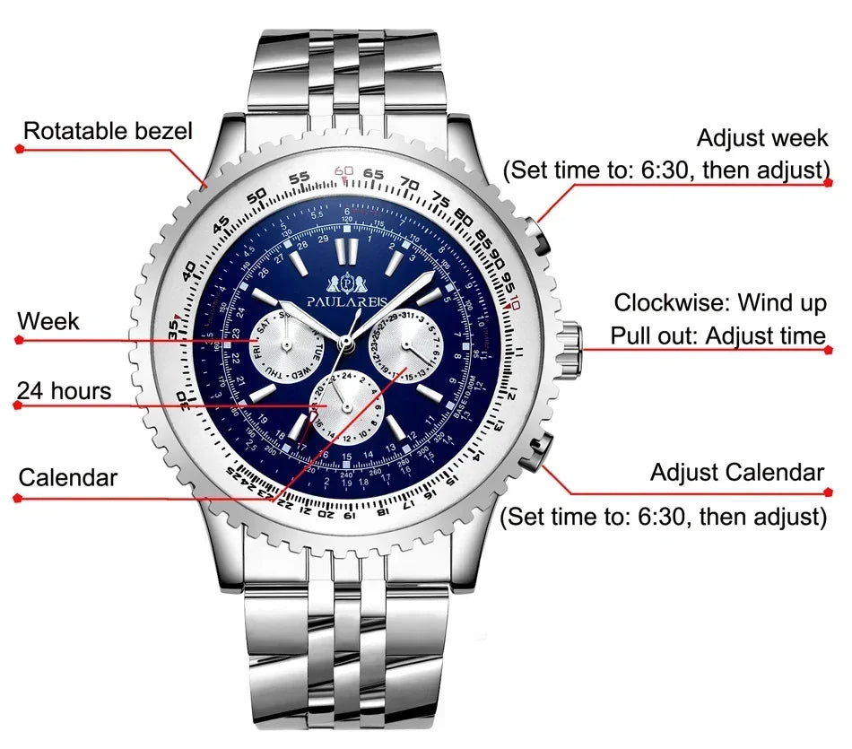 Automatic Mens Watch Mechanical Self Wind Movement Stainless Steel Fashion Sports Blue Black Big 50mm Classic Fashion Watches - Sun Studio