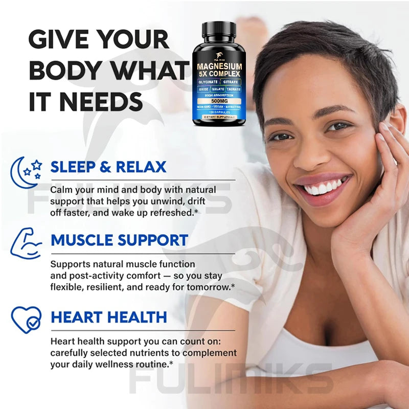 Magnesium Pills Supplement - 5 in 1 Complex, Glycinate, Citrate, Malate, Taurate, Oxide - Stress, Muscle & Heart Support - Sun Studio