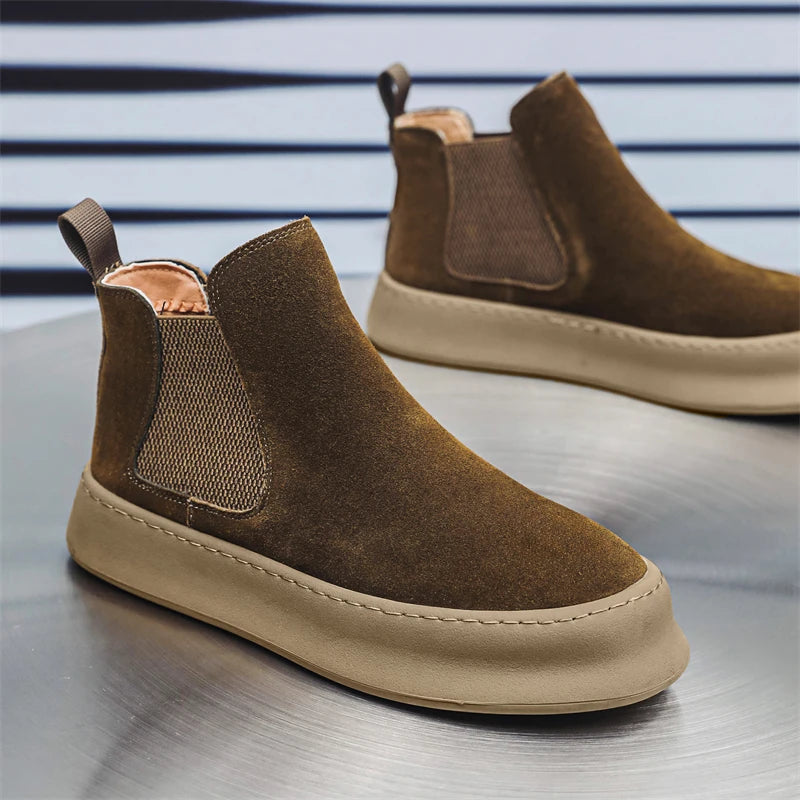 Fashion Brand Men Genuine Leather Mid Top Boots with British Style Autumn Winter Men Anti Slip and Wear-resistant Chelsea Boots - Sun Studio