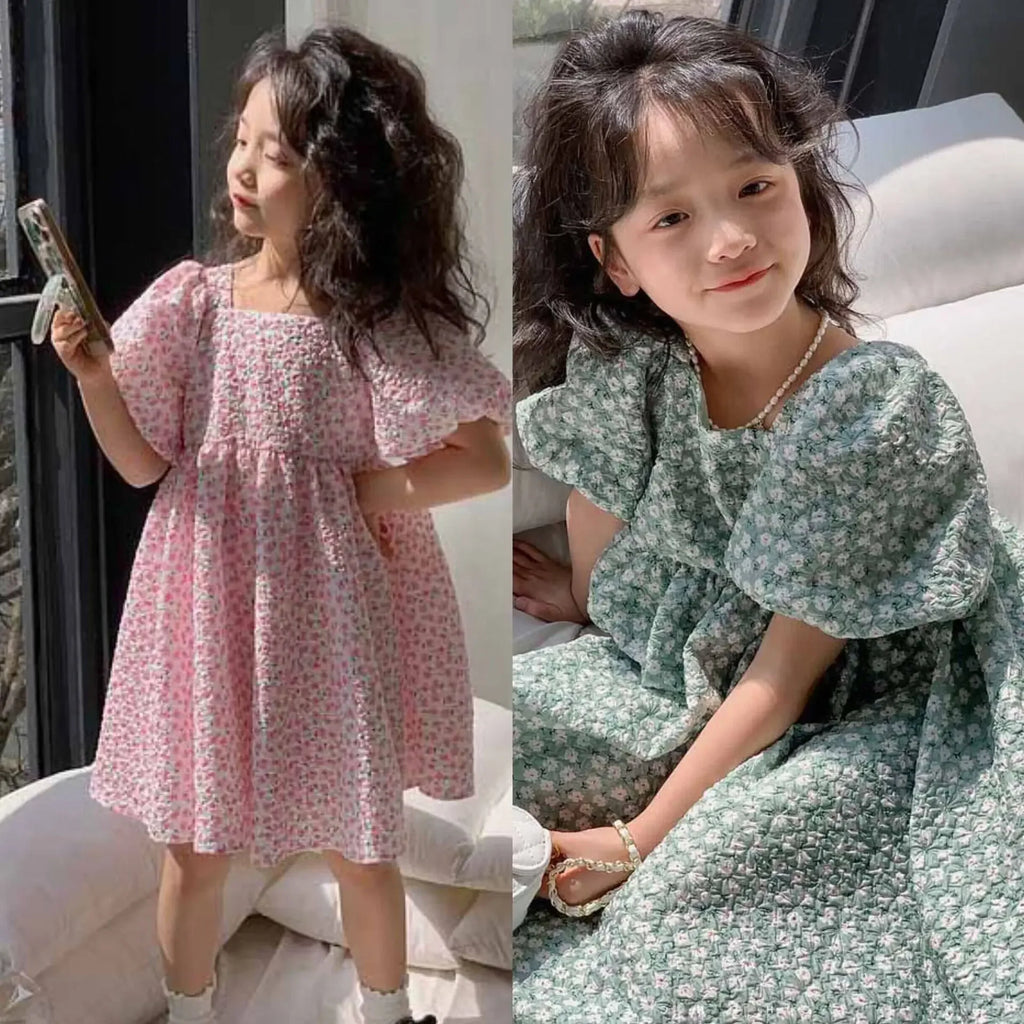 Girls Casual Dresses Floral Print Puffy Sleeves Dress Flower Girl Dresses Square Collar Clothes for Kids 3 To 7 Years - Sun Studio