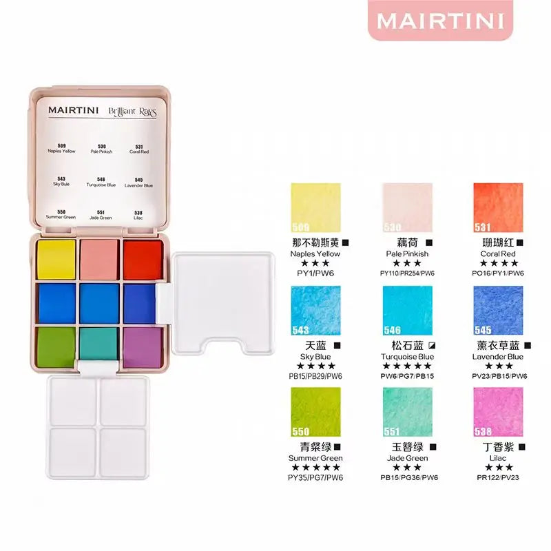MAIRTINI Mini Travel Watercolor Set Solid Aquarell Paint 9 Colors Portable Palette Painting Tools with Brushes Art Supplies - Sun Studio