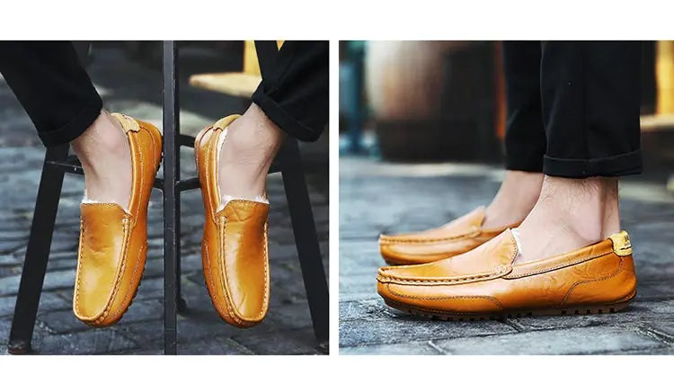 Winter Fur Loafers Men Casual Shoes Cotton Leather Dress Shoes Slip-on Flats Plush Man Moccasins Fleece Lined Driving Shoes - Sun Studio