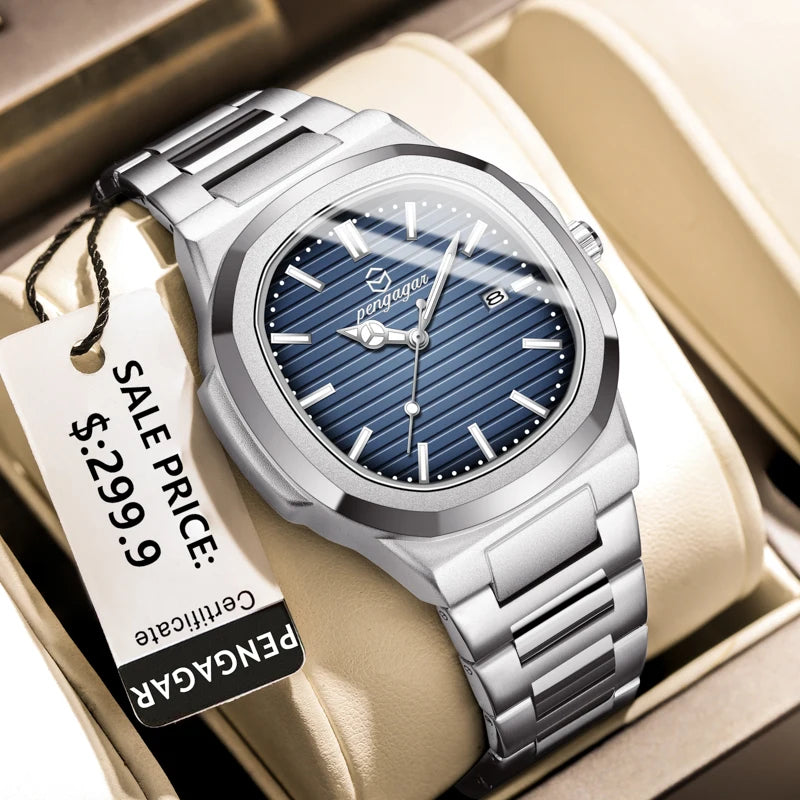 PENGAGAR Luxury Square Fashion Man Wristwatch Waterproof Luminous Date Week Quartz Men's Watches Stainless Steel Men Watch Reloj - Sun Studio