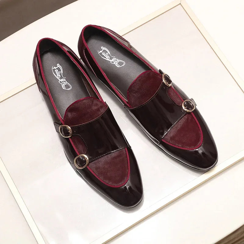 FELIX CHU Men's Patent Leather Monk Strap Dress Shoes Wedding Loafers Horse Hair Detail Casual Formal Party Gentlemen Footwear - Sun Studio