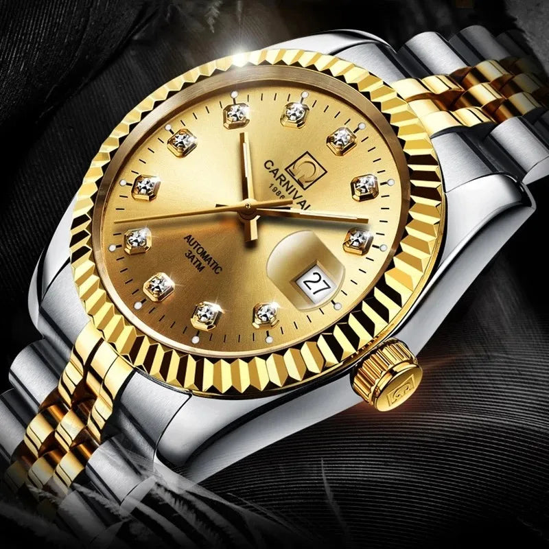 Switzerland CARNIVAL Luxury Brand Automatic Mechanical Women's Watches Sapphire 18K Gold Diamond Waterproof Luminous Clock C8205 - Sun Studio