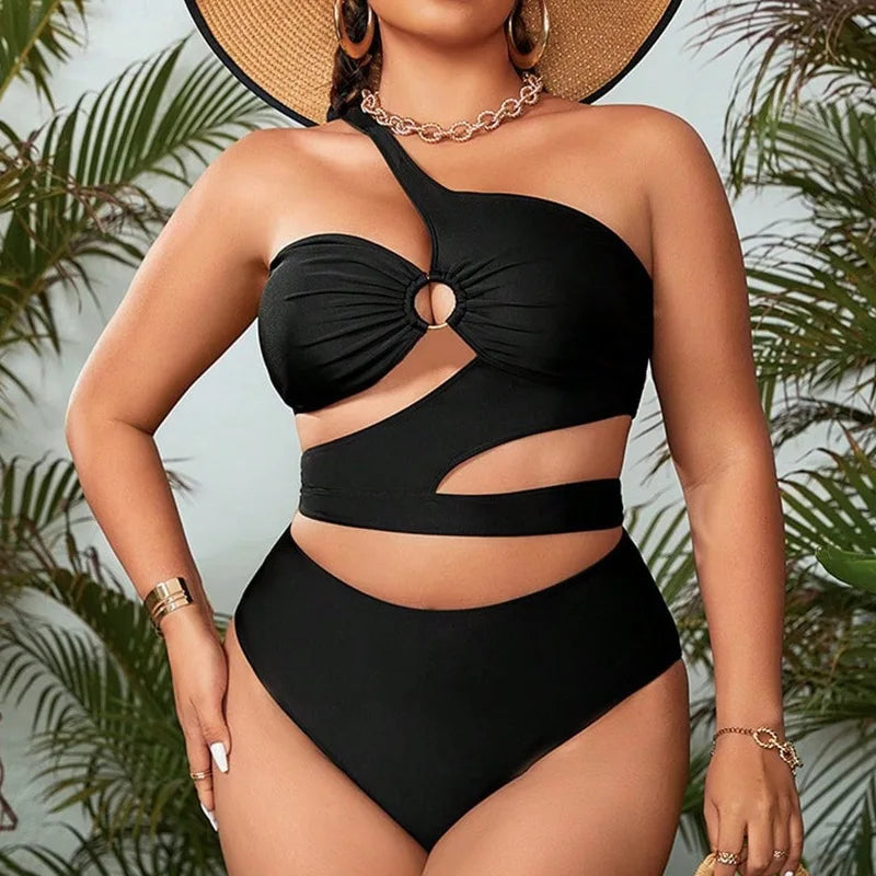 2024 Plus Size Swimwear One Shoulder Cut Out Black Sexy Women's Swimsuit Curvy Female Bikini Sets - Sun Studio