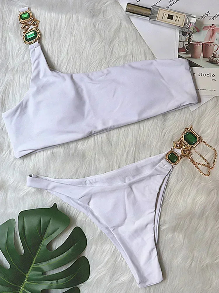 Halter Rhinestone Diamond Bikini Women Swimsuit Female Bikinis Metal Chain Swimwear Two Pieces Bikini Set Bathing Suit Swim Lady - Sun Studio