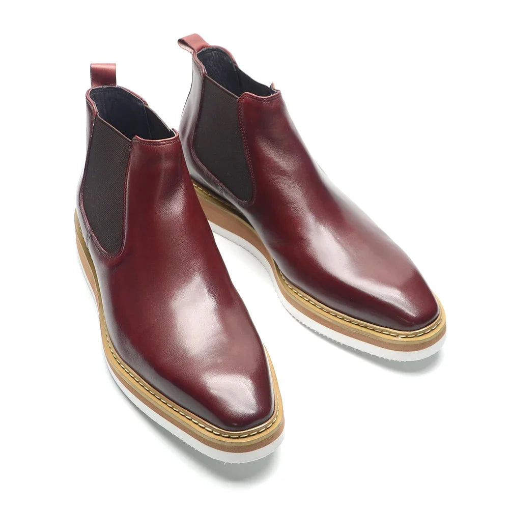 British Style Cow Genuine Leather Men's Chelsea Ankle Boots Slip-on Elastic Band High Top Sneakers Casual Dress Boot for Men - Sun Studio