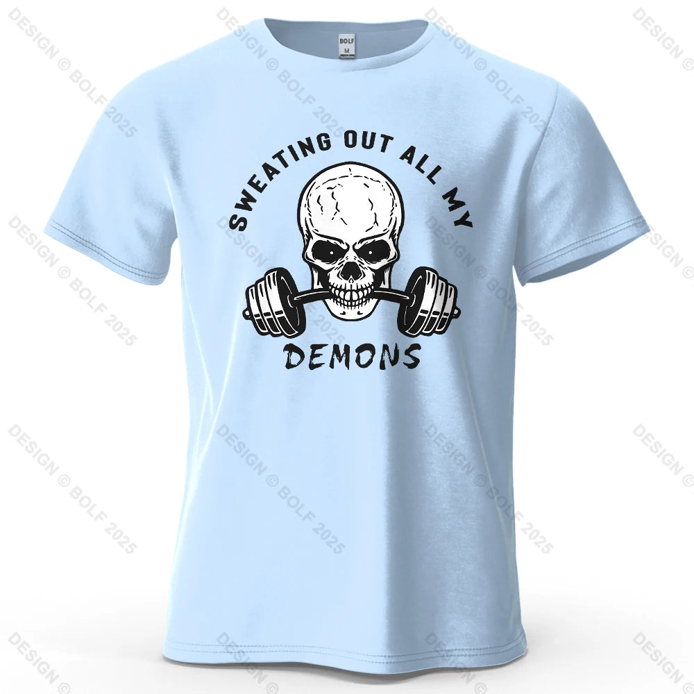 Fitness Skull Motivated Printed Men's T-Shirt 100% Cotton Oversized Gym Graphic Tees for Women Tops Tees Casual Streetwear - Sun Studio