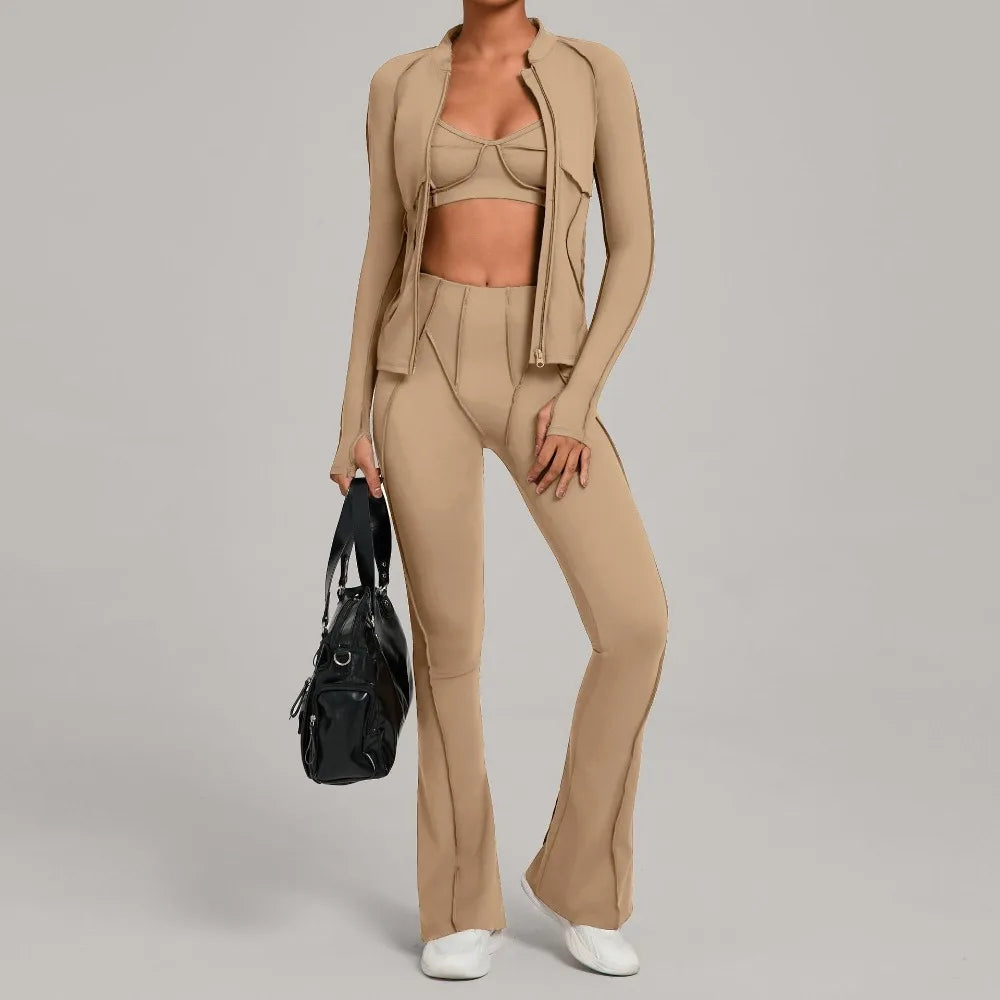 Gym Casual Yoga Set for Women Outdoor Running Fitness Outfit Autumn Winter Tight Sports Three-Piece Set Zipper Coat+bras+pants - Sun Studio