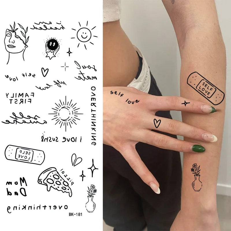 Black White Temporary Transfer Tattoos Floral Butterfly Lettering Line Art Waterproof Body Stickers for Music Festival Party