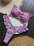 Bikini Set Women's Ruffle Flower Print Sexy 2 Pieces Swimsuit Triangle Strapless Backless Thong Beach Bathing Suit 2025 New - Sun Studio