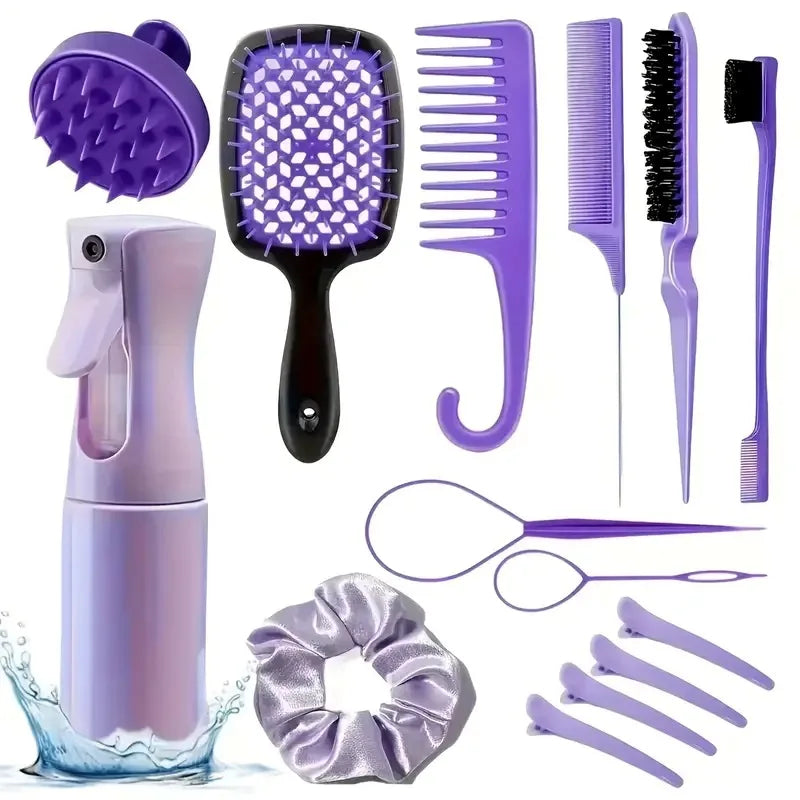Hair Brush Comb Set with Spray Bottle & Scalp Massager, Wet Dry Curly Hair Detangling Kit, Wide Tooth Combs for Women Men - Sun Studio