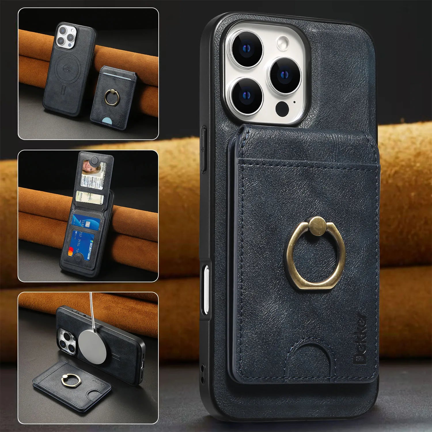 2 in 1 Detachable Vertical Cards Solt Ring Holder Wallet Leather Case For iPhone 16 Pro Max 15 Plus 14 13 12 Magnetic Bag Cover - Sun Studio
