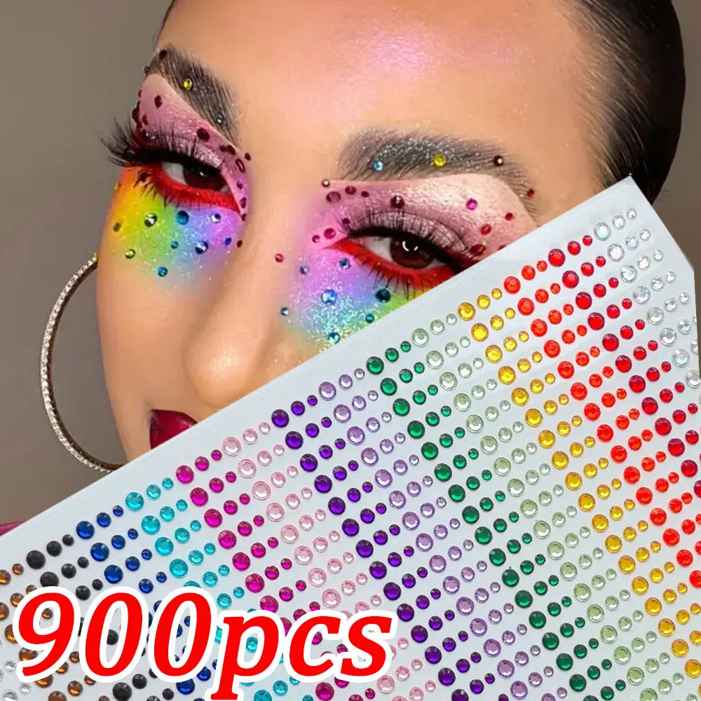 1sheet 900pcs Rainbow Face Glittle Gem Stickers Stick-On Facial Tattoo Eye Rhinestone Jewels 3/4/5mm Mix Wedding Party Make Up - Sun Studio