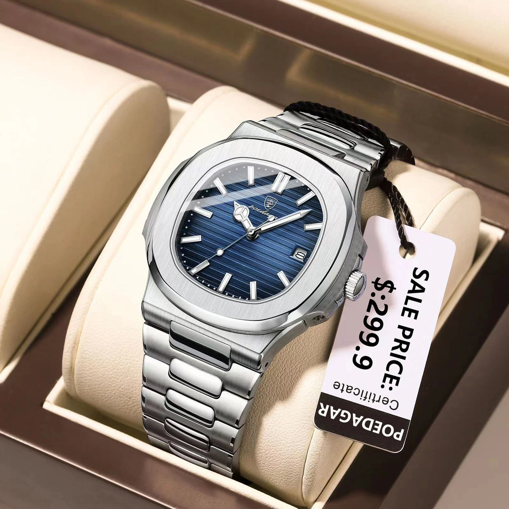POEDAGAR Square Luxury Men Wristwatch Waterproof Luminous Date Stainless Steel Male Clock Business Sports Quartz Watches For Men - Sun Studio