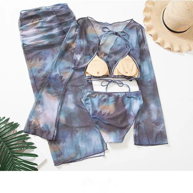 sexy Korean fashion tie dye print swimsuit 4pcs autumn long flare sleeve cover top with long split skirt bikinis padded swimwear - Sun Studio