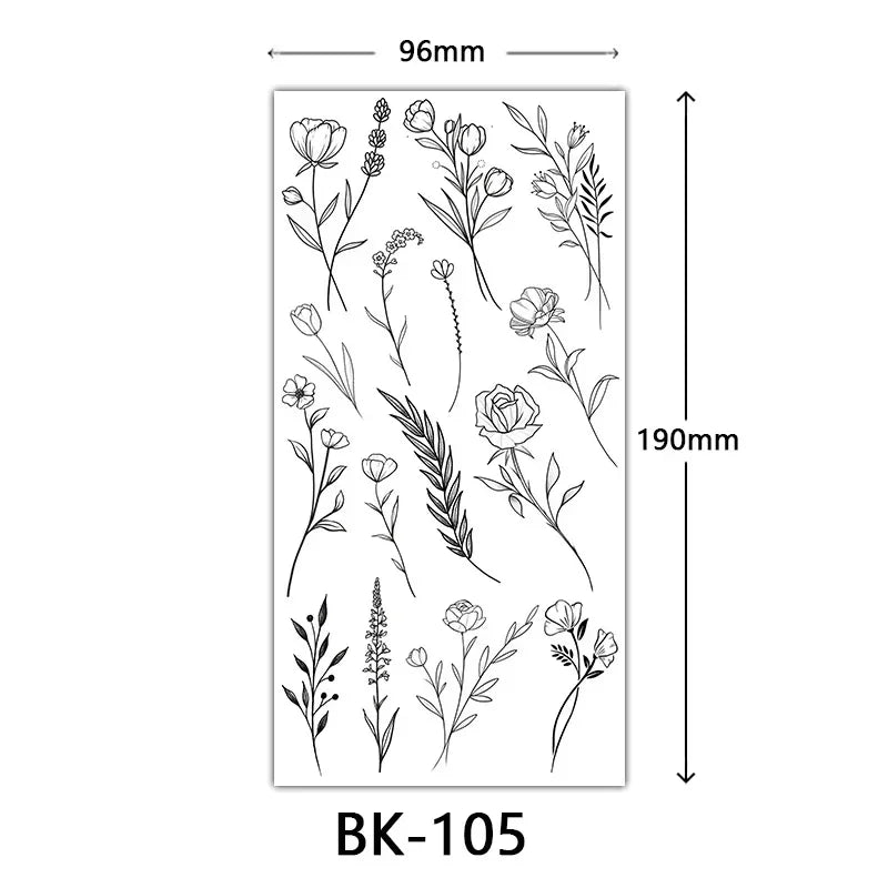 Rose Blossom Tattoo Temporary Waterproof Butterfly Fake Tattoo for Woman Black Flower Sketch Tattoo Sticker
