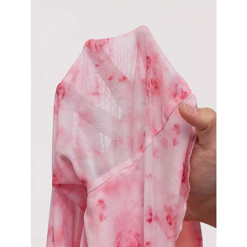 Women's T-Shirt Floral Printed Sweet V-Neck Mesh Summer Vacation Swimsuit Top Flare Long Sleeve Bow Tie Lace Up Woman Clothing - Sun Studio