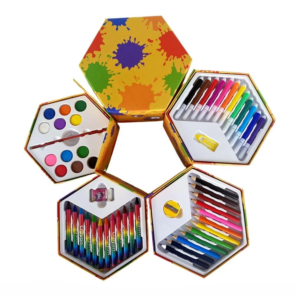 53pcs Multilayer Cartoon Art Pencil Set Kids Painting Set Hexagon Color Box Pencil Drawing Art Set - Sun Studio